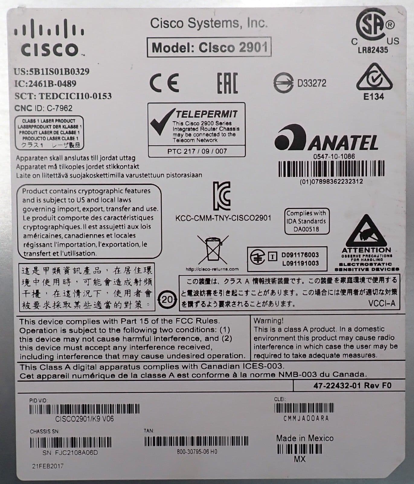 Cisco 2901 CISCO2901/K9 Integrated Services Router ISR C2901-VSEC-CUBE/K9