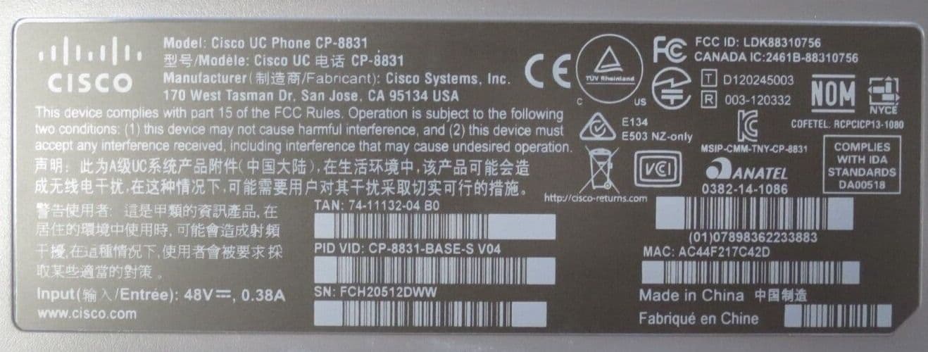 Cisco CP-8831 Unified IP Conference Phone CP-8831-BASE-S With Control ...