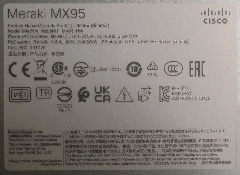 Cisco Meraki MX95-HW Cloud-Managed Router/Security Appliance 2Gbps Firewall