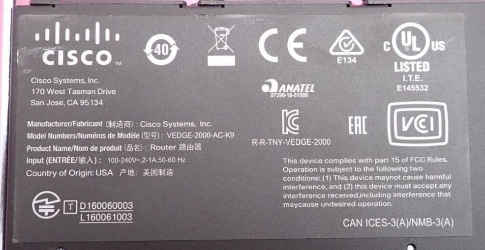 その他 cisco vEdge 2000 Cisco vEdge 2000 AC Base Router VEDGE-2000-AC-K9 2x PIM-2x10GE-SFP