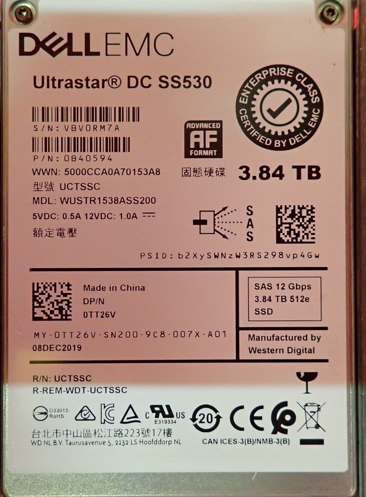 DELL JR1HP 3.84TB 2.5" 12G SAS RI SSD – MLC, Used Enterprise Drive