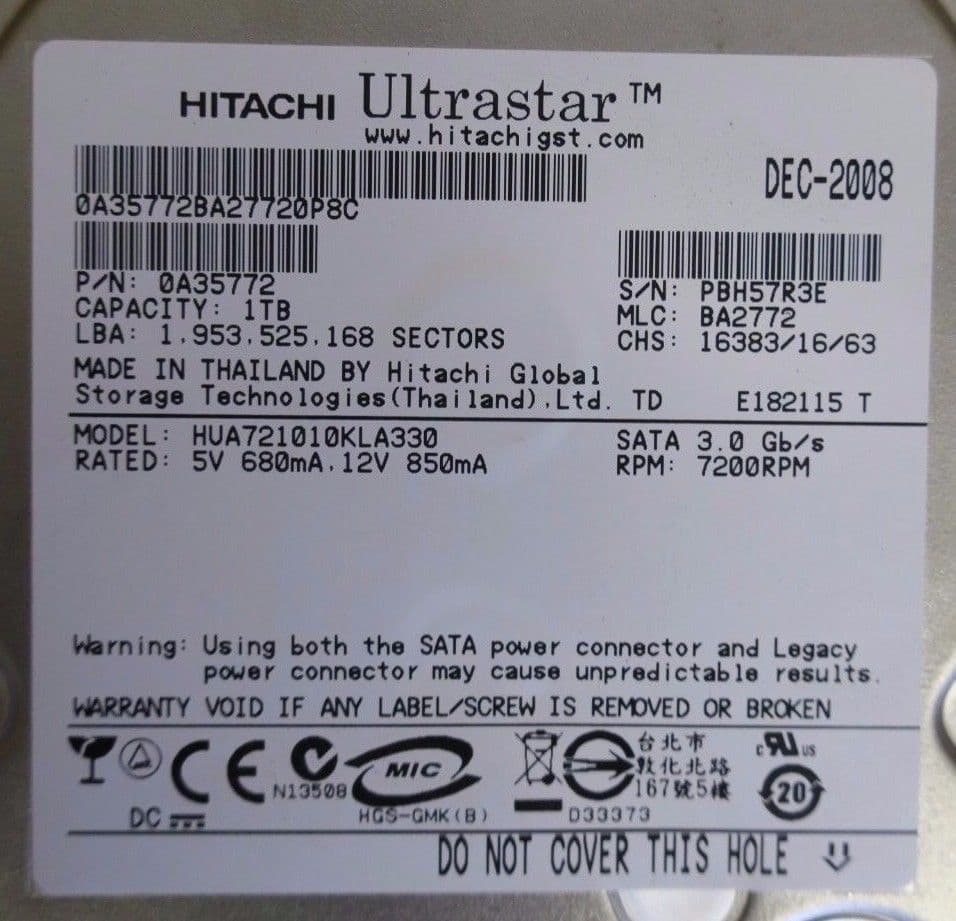 Hitachi 0A35772 HUA721010KLA330 GTS Ultrastar 1TB 7200 RPM SATA 3Gbs Hard Drive 44252 P