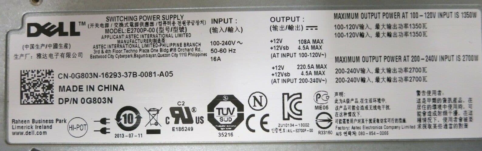 Dell G803N E2700P-00 Blade System 2700W Server Power Supply For