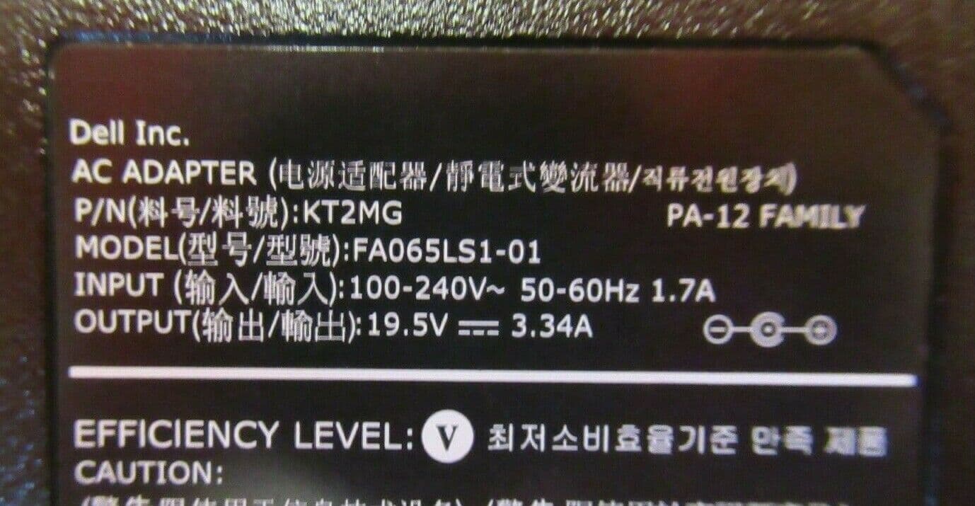Dell KT2MG FA065LS101 PA12 Family AC Power Adapter Charger 65W 19 5V