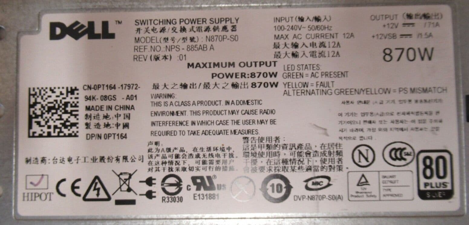 Dell N870PS0 PT164 PowerEdge R710 T610 PowerVault DL2100 870W Power Supply