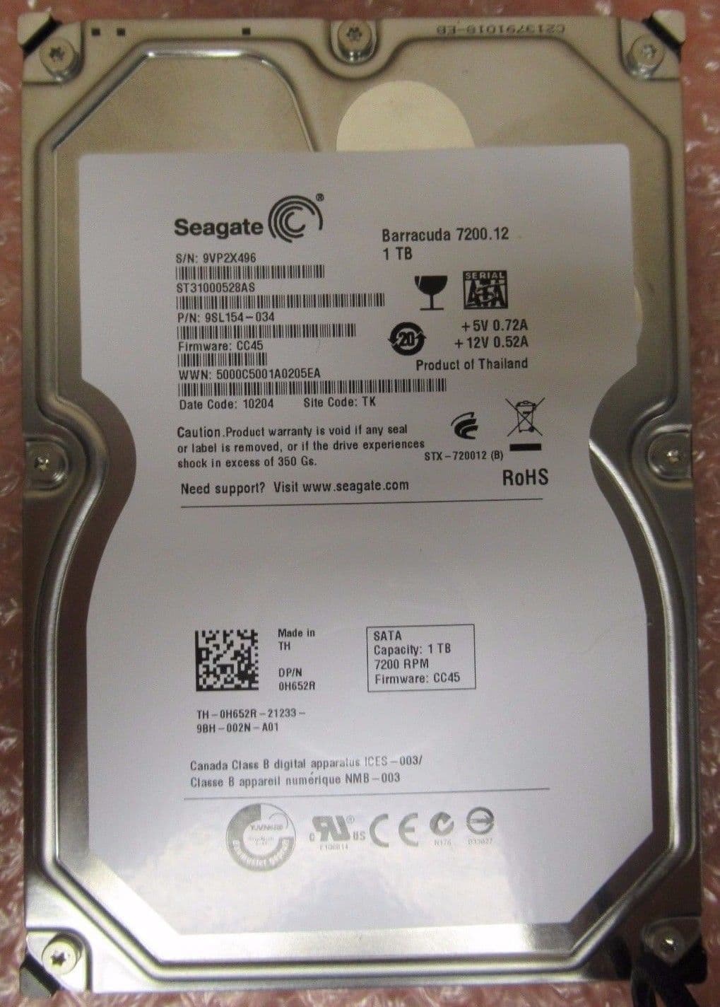 Dell Seagate Barracuda ST31000528AS 1TB HDD 7200RPM 3 5" SATA 3 0Gbps H652R