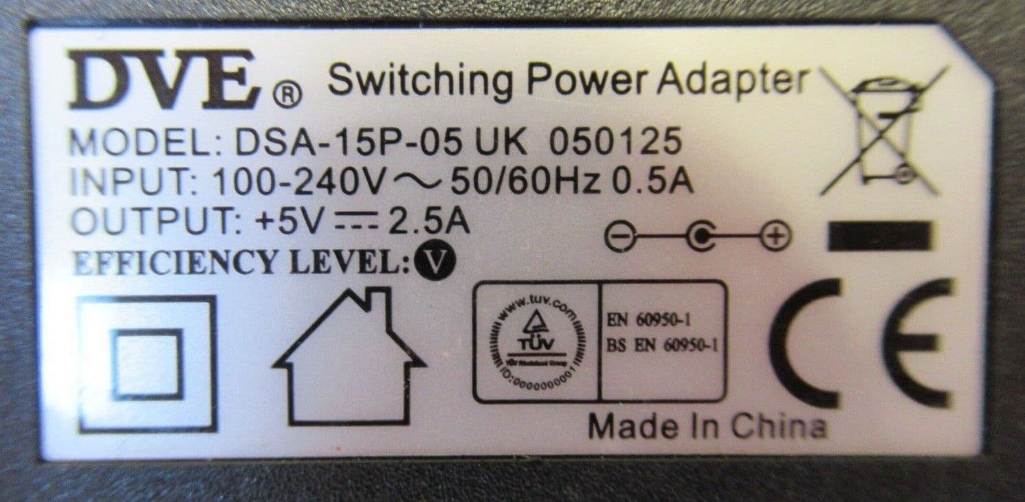 DVE DSA15P05 050125 UK Plug AC Switching Power Adapter 12 5W 5V 2 5A