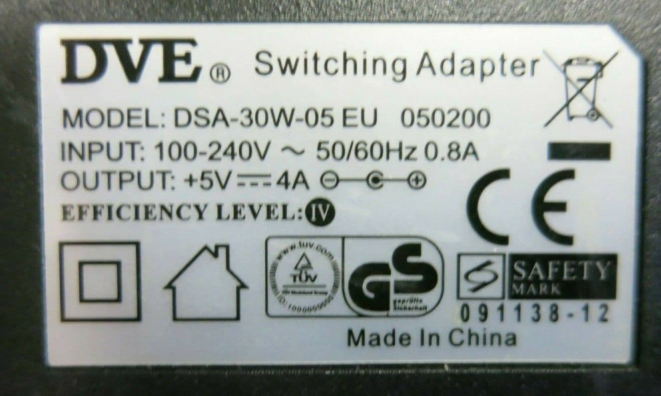 DVE DSA30W05 EU 2 Pin Plug AC Switching Power Adapter Charger 20W 5V 4A