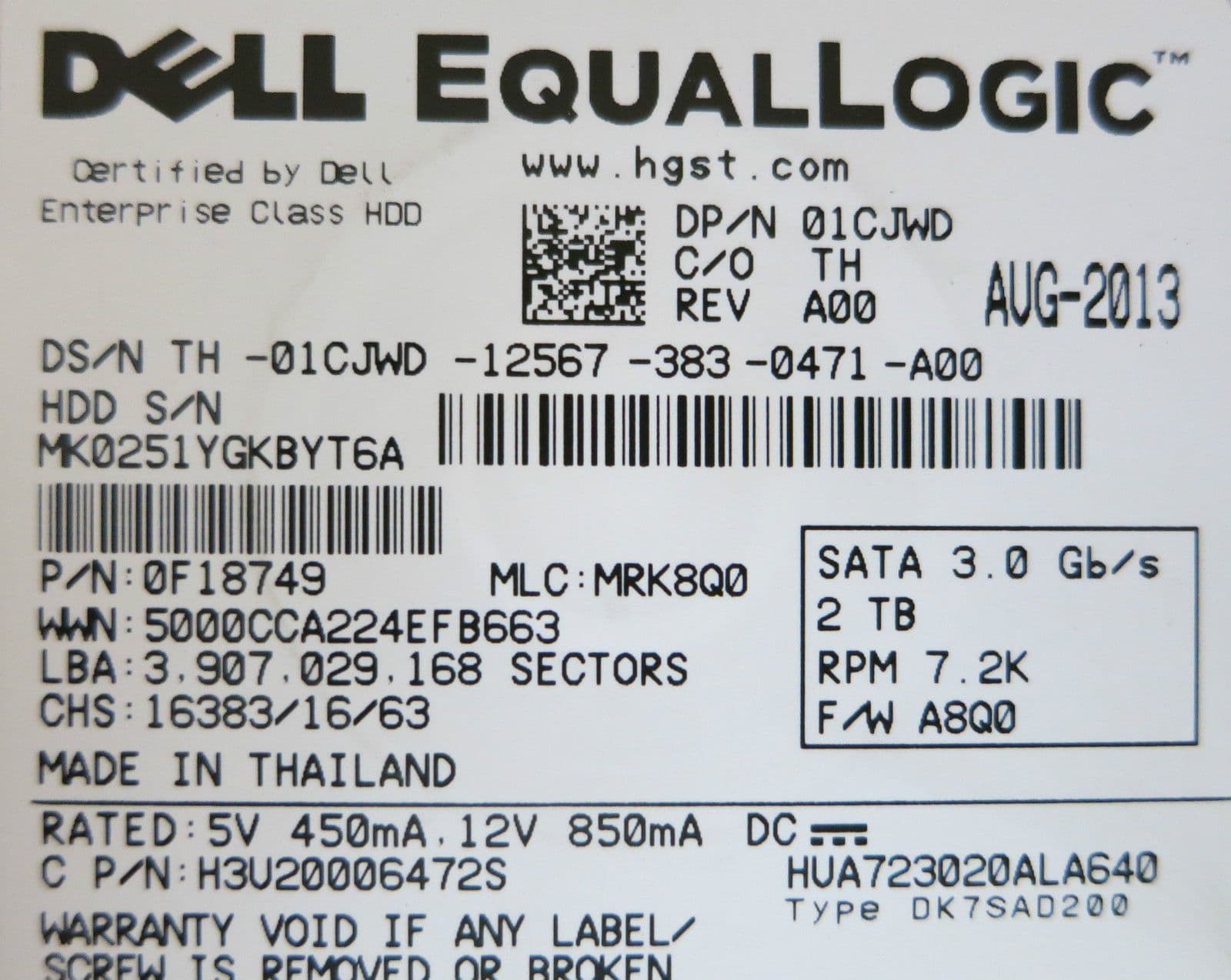 EqualLogic 2TB 7 2K SATA Hard Drive H3U20006472S 01CJWD 1CJWD Firmware A8Q0