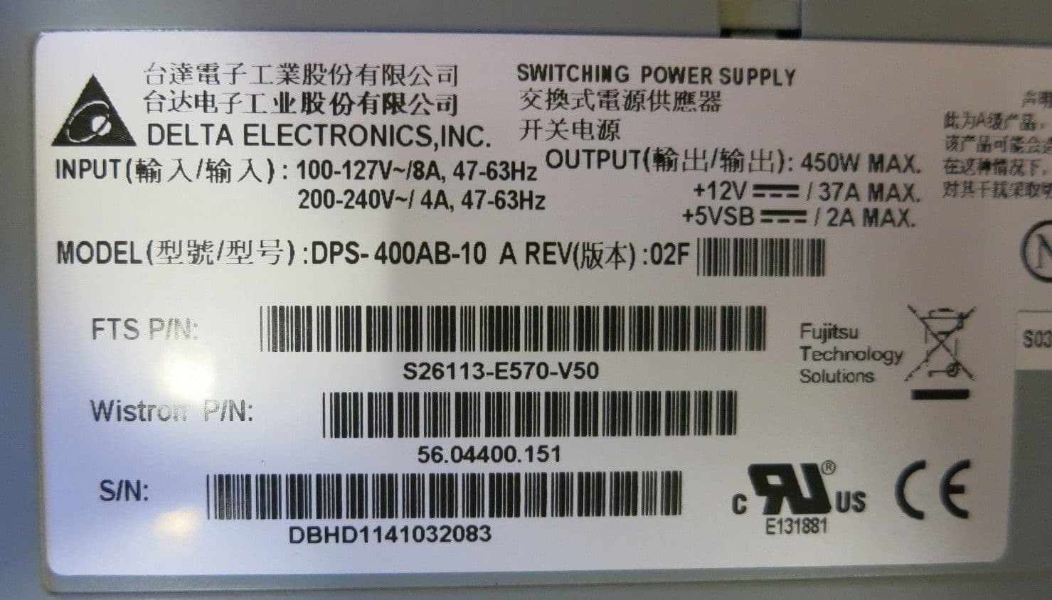 Fujitsu / Delta DPS-400AB-10 450W Switching Power Supply For Primergy ...