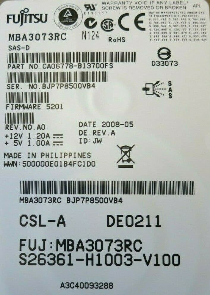 Disque Dur Fujitsu SAS 73 Go 3.5" 15k Tr/min Hot-Swap - MBA3073RC - Occasion