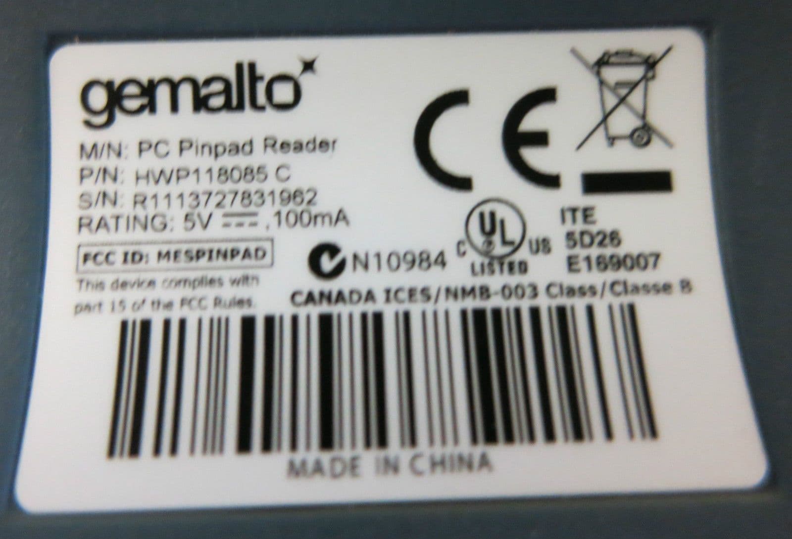 Gemalto HWP118085C PC Pinpad Reader Barclays USB Smart Card Reader Terminal