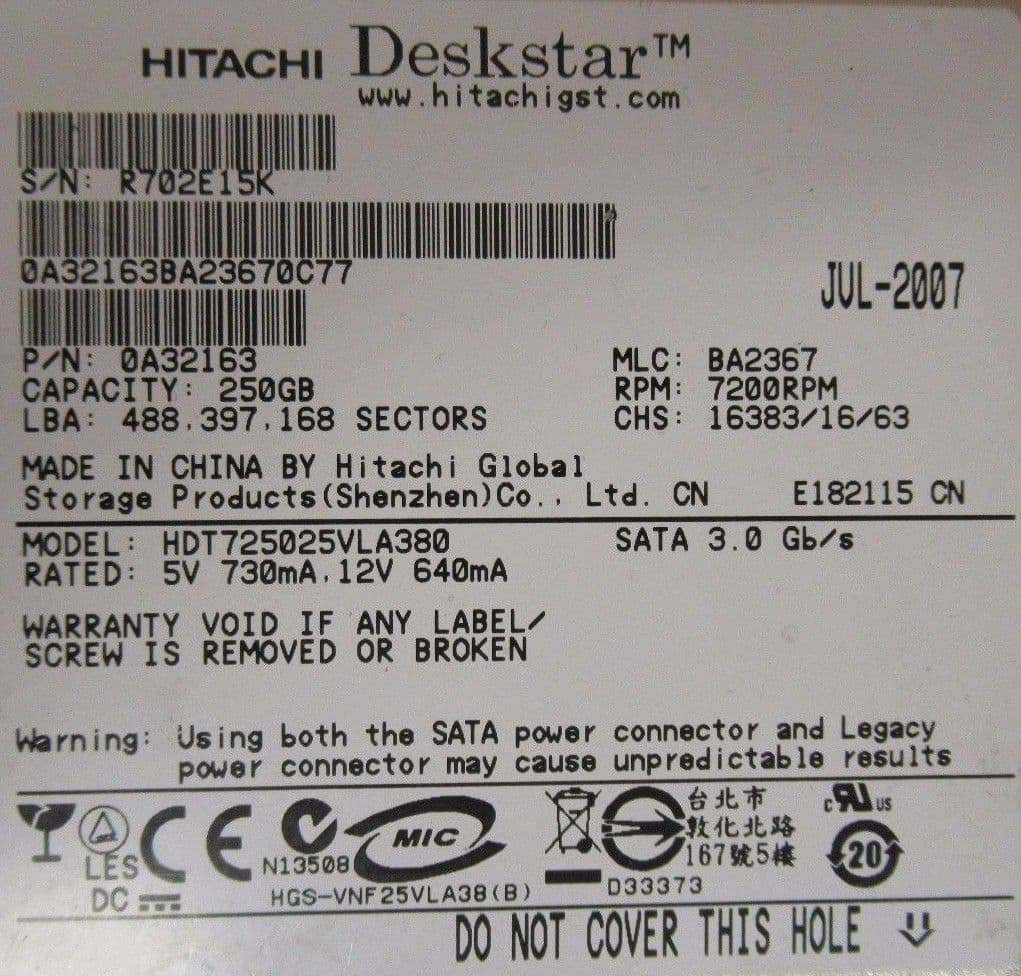 Hitachi Deskstar HDT725025VLA380 250GB SATA 3 0Gb/s 7 2K 8MB HDD 0A32163