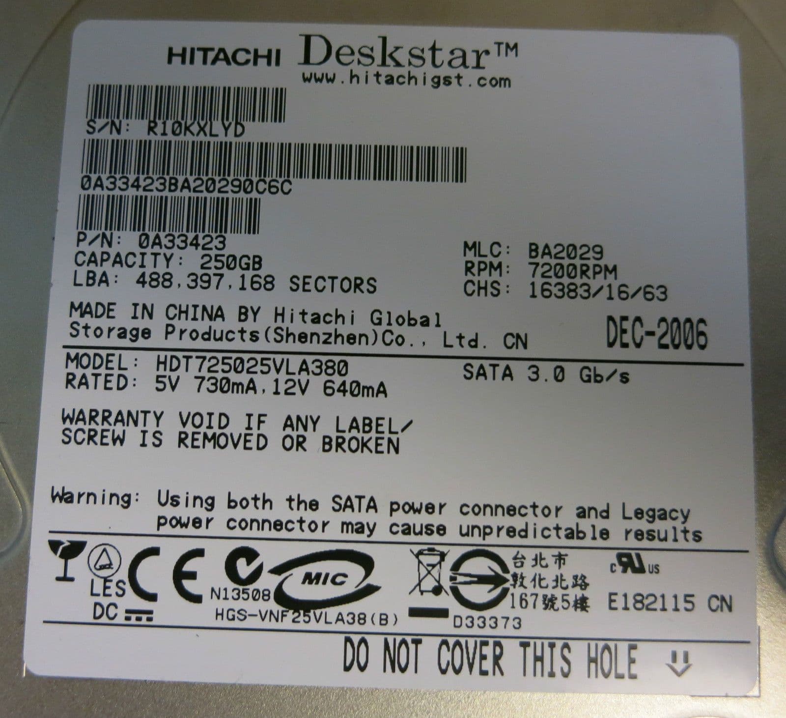 Hitachi GST Deskstar HDT725025VLA380 0A33423 250GB 7200 RPM 8MB SATA ...