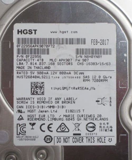 HGST 0F22825 HUS726040AL5215 4TB 7.2K 12Gb/s SAS 3.5