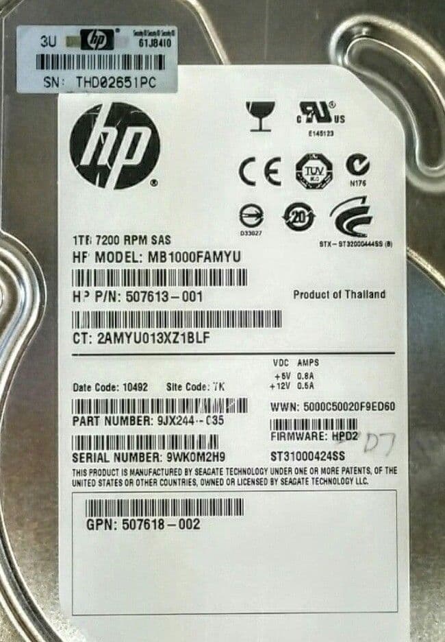 HP 1TB 7 2K 6G SAS 3 5" LFF SC Midline MDL Hard Drive HDD 653947-001 ...