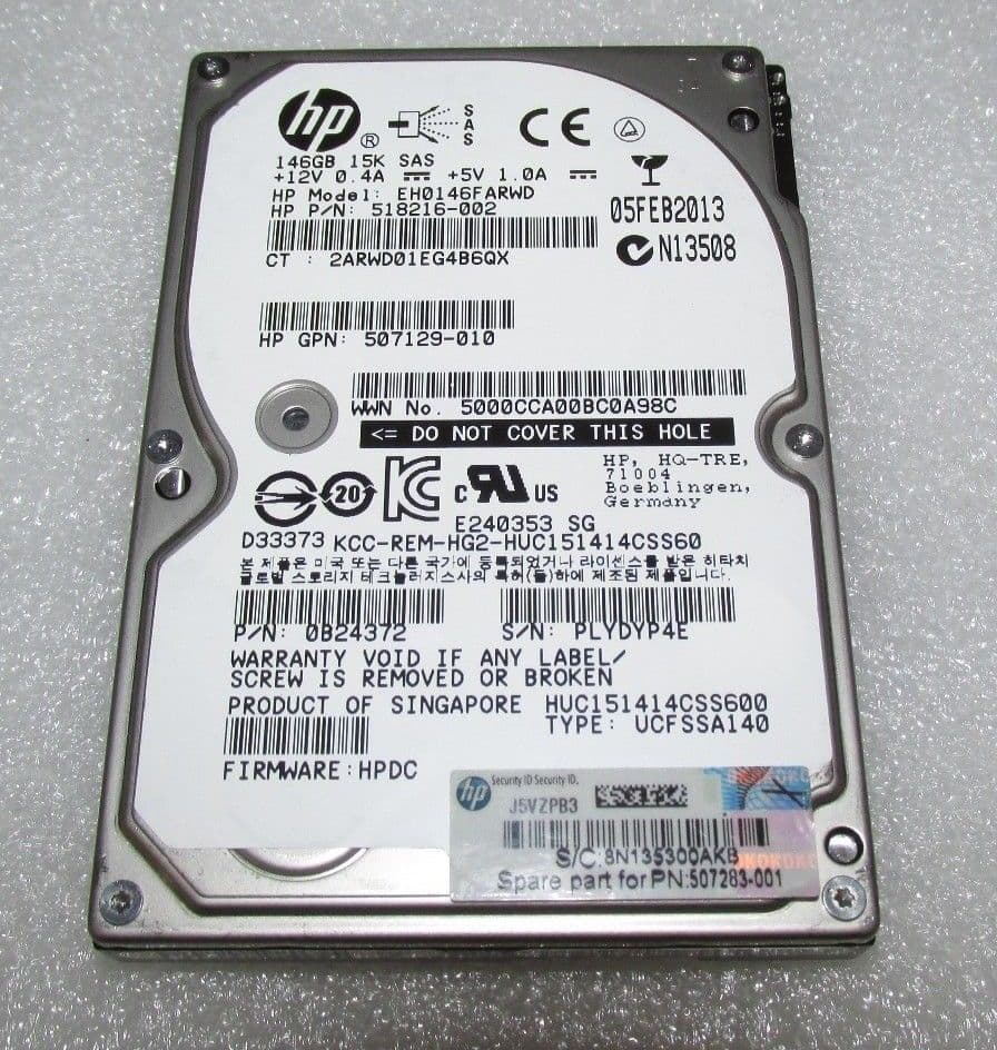 HP EH0146FARWD 146GB 15K SAS 2.5" Hard Drive – 518216-002, Used, Fully Tested