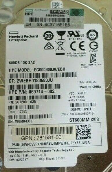 HDD HP 600 GB SAS 2.5" 10K Giri | EG000600JWEBH 869714-002, Usato, Hot-plug