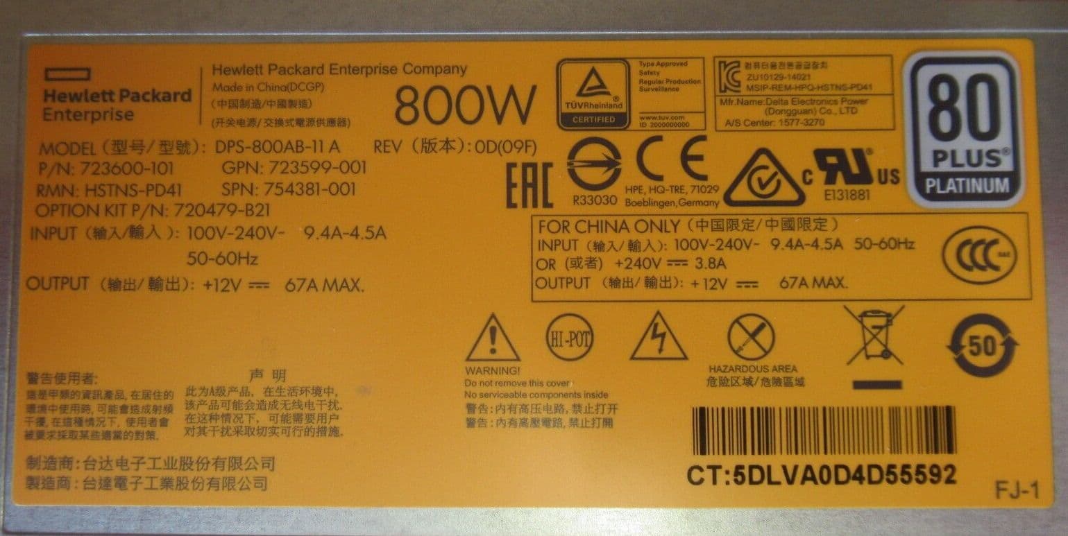 HP 500W Power Supply HSTNS-PL40 For DL360 / DL380 Gen9 Servers – 723595-101, 754377-001 (Refurbished)