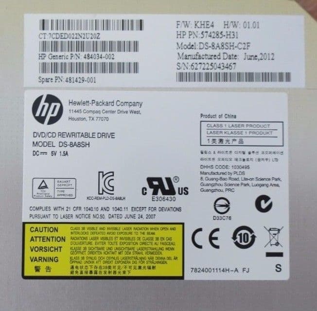 HP DVD/CD Rewritable Drive with Tray and SATA Cable 532390001 484034002