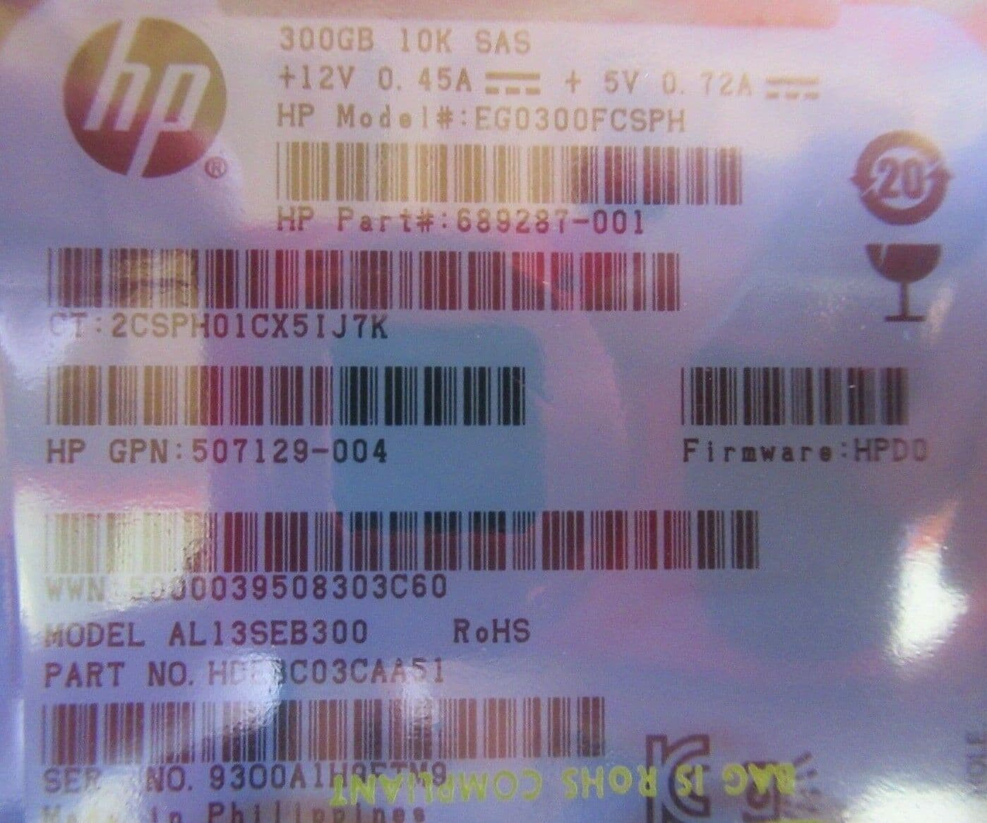 HP EG0300FCSPH 689287-001 300GB 10000RPM SAS HotSwap 64MB 2 5" HDD
