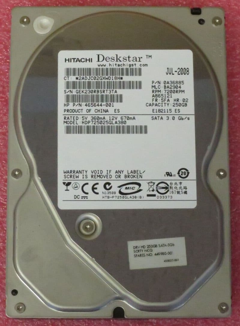 HP Hitachi DeskStar 250GB 3 5" SATA 3G 7 2K HDD 449980-001 HDP725025GLA380