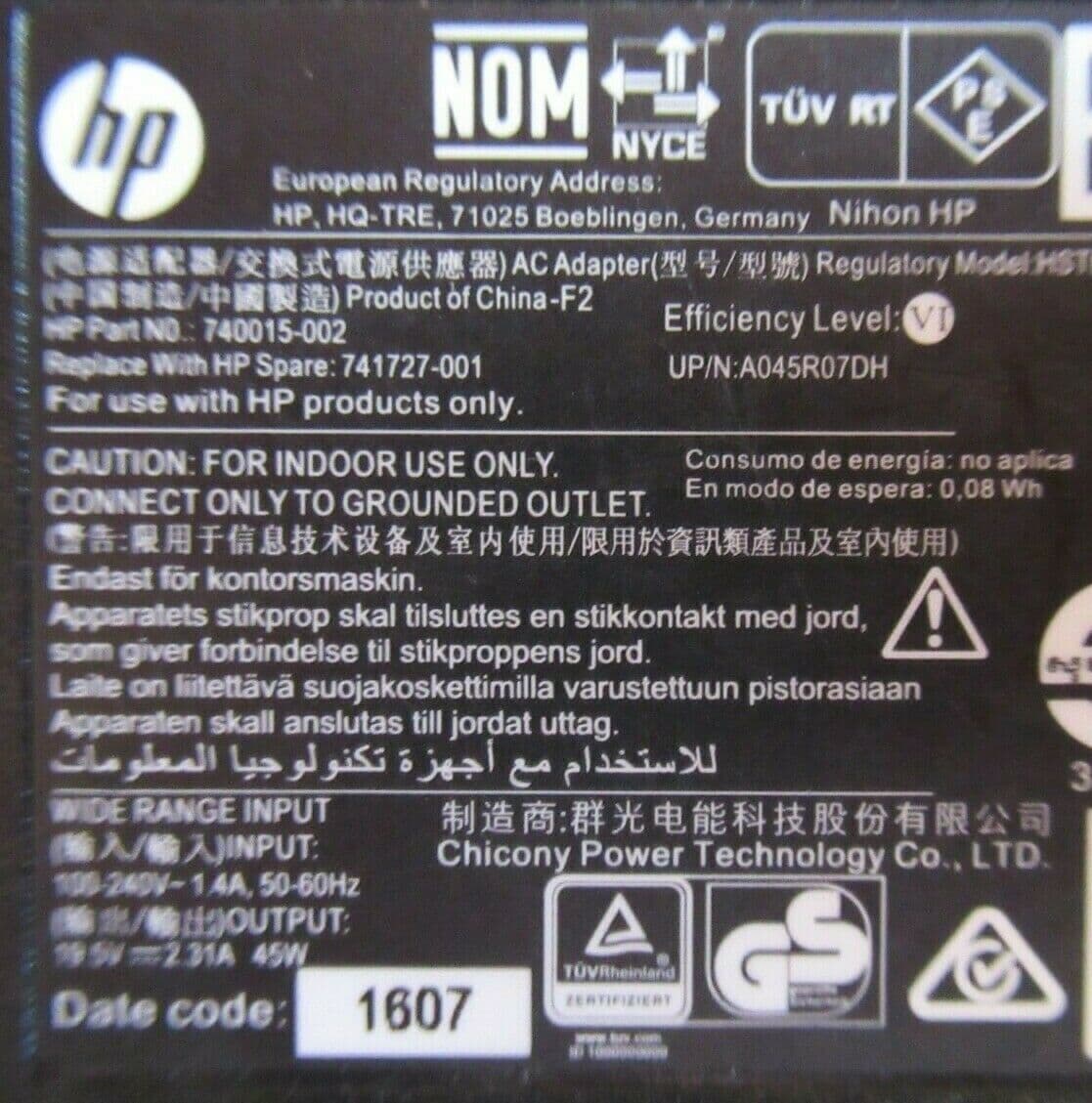 19.5V 2.31A 45W AC Adapter Charger For HP 740015-002 A045R07DH 4.5*3.0mm