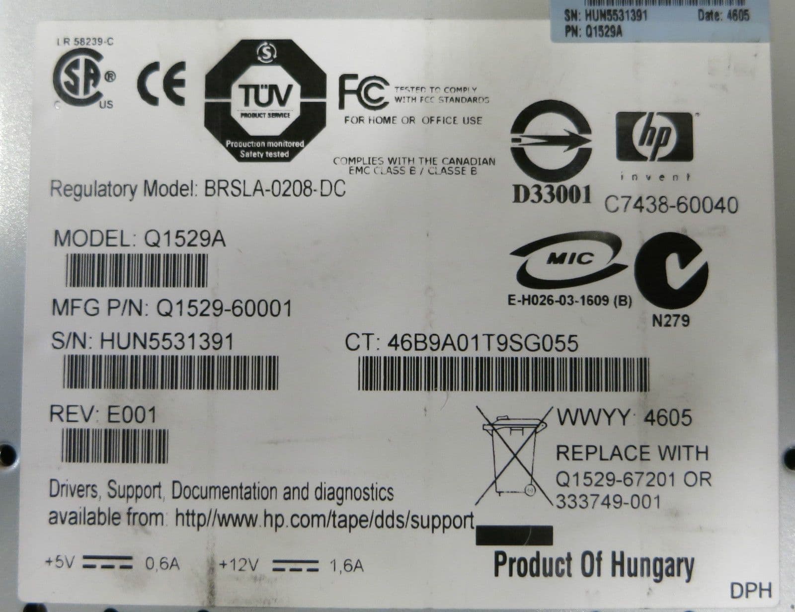 HP STORAGEWORKS Q152960001 DAT 72 MODEL Q1529A TAPE DRIVE