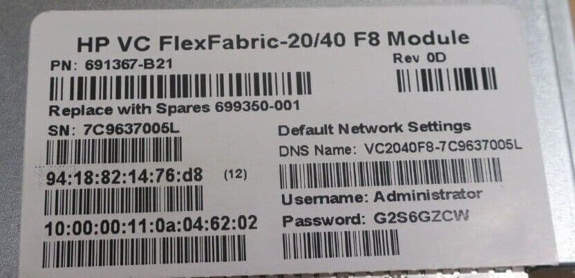 HP Virtual Connect FlexFabric-20/40 F8 Module 699350-001 691367-B21 For ...