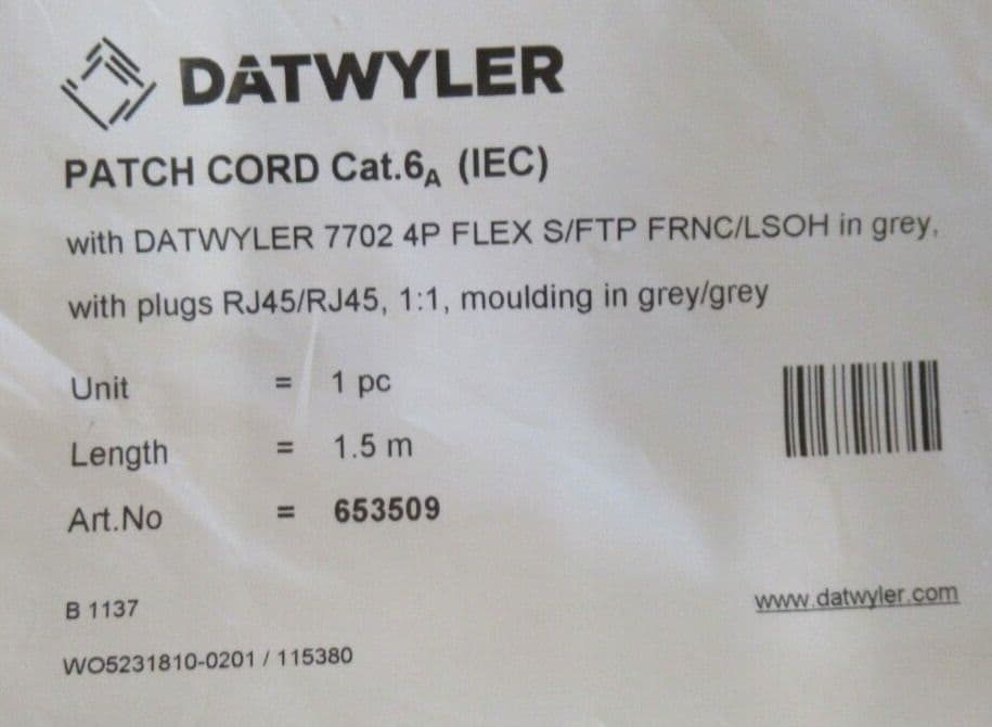 Job Lot 4 x New Datwyler Cat6a RJ45 To RJ45 Grey Ethernet Patch Cable ...