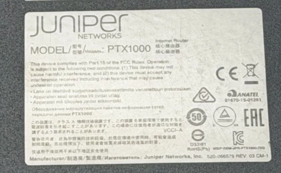 Juniper PTX1000-72Q 288x 10GE /72x 40GE / 24x 100GE QSFP Packet ...