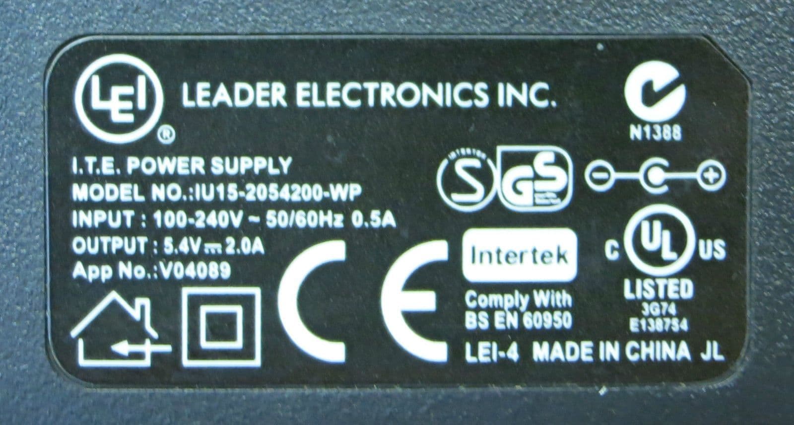 Leader Electronics I T E AC Power Supply 5 4V 2 0A IU152054200WP UK Plug