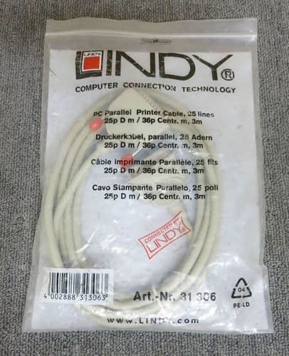 Lindy 31306 Bi-Directional PC Parallel Printer Cable 25WDP/36WCP 3M New