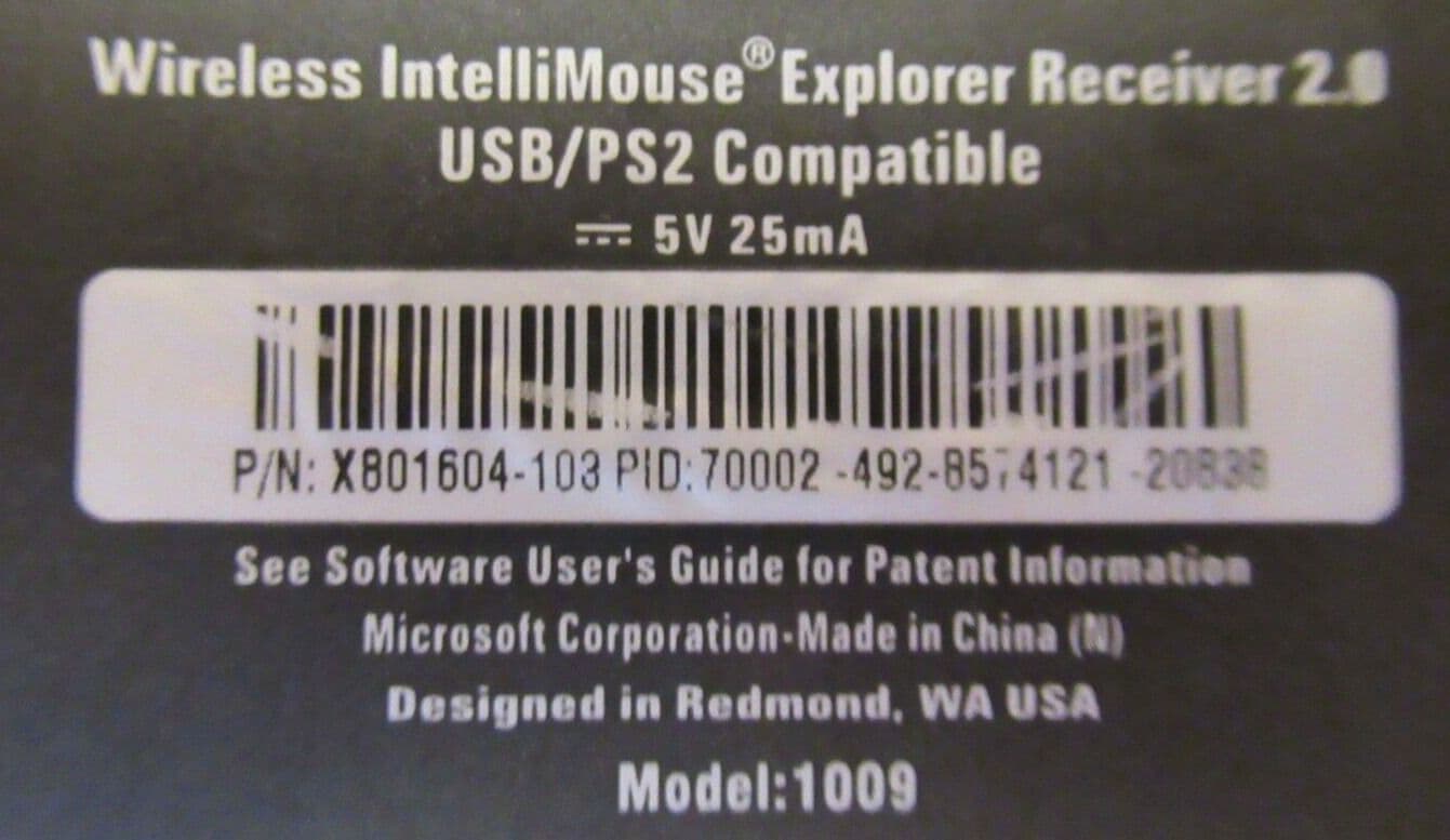 Microsoft X801604103 IntelliMouse 1009 USB Wireless Explorer Receiver 2 0