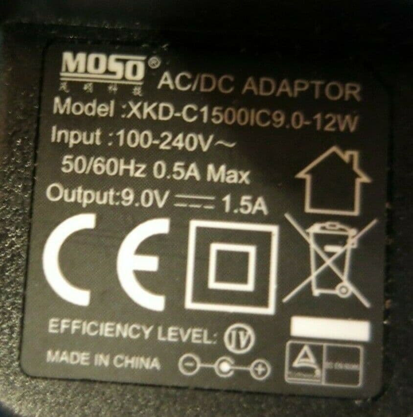 Moso XKD-C1500IC9 0-12W UK Plug AC Power Adapter Charger 13 5W 9V 1 5A