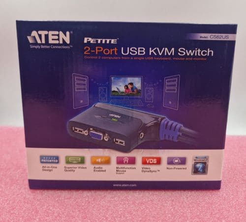 NEW Aten Dual-Port USB VGA/Audio Cable KVM Switch 1.8m CS62US