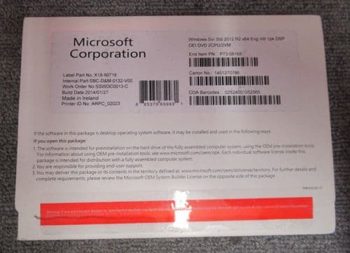 New Microsoft P73-06165 Windows Server 2012 R2 Standard 64-Bit 2CPU/2VM Licence