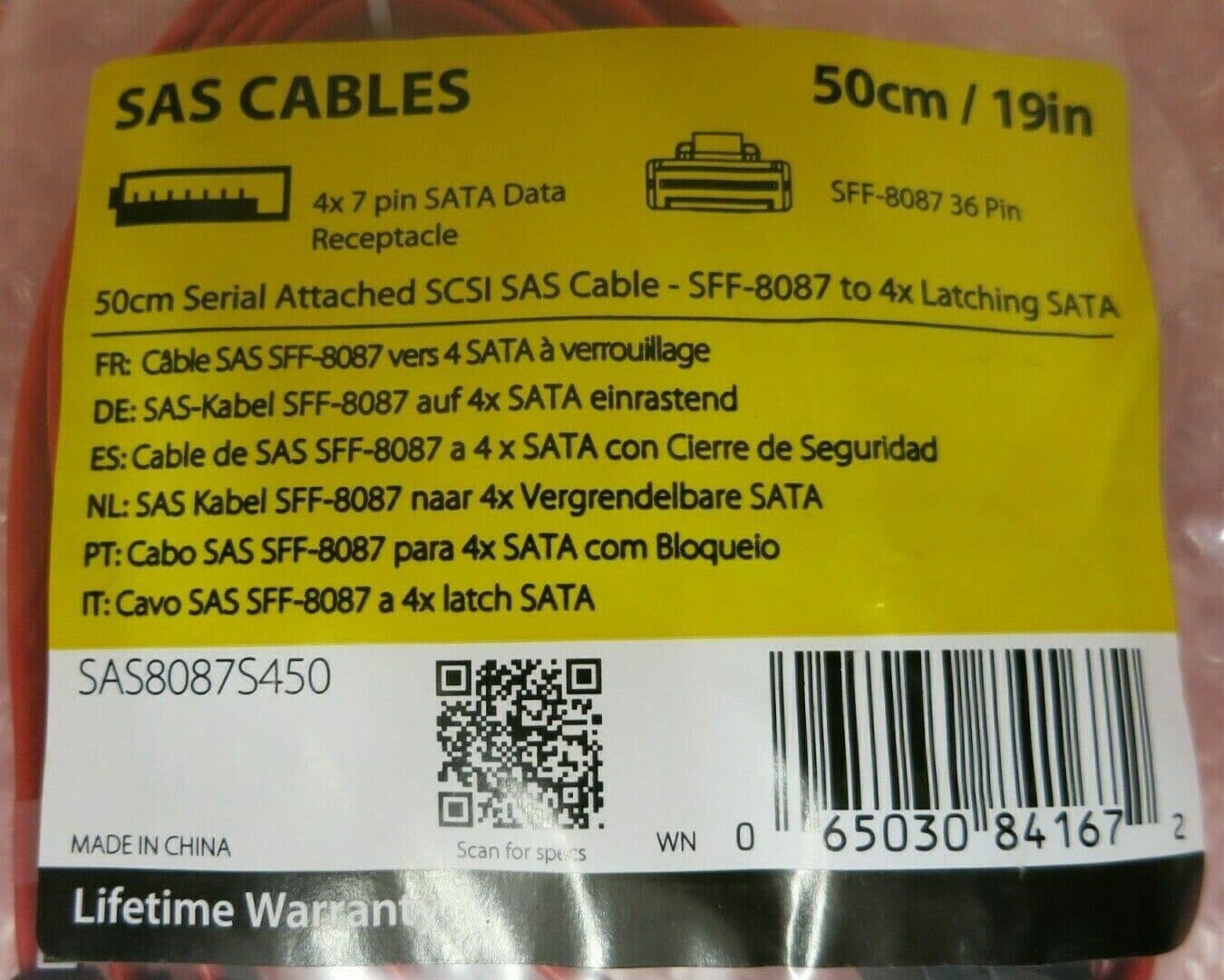 New StarTech SAS8087S450 50cm Serial Attached SCSI Cable SFF8087 To 4x