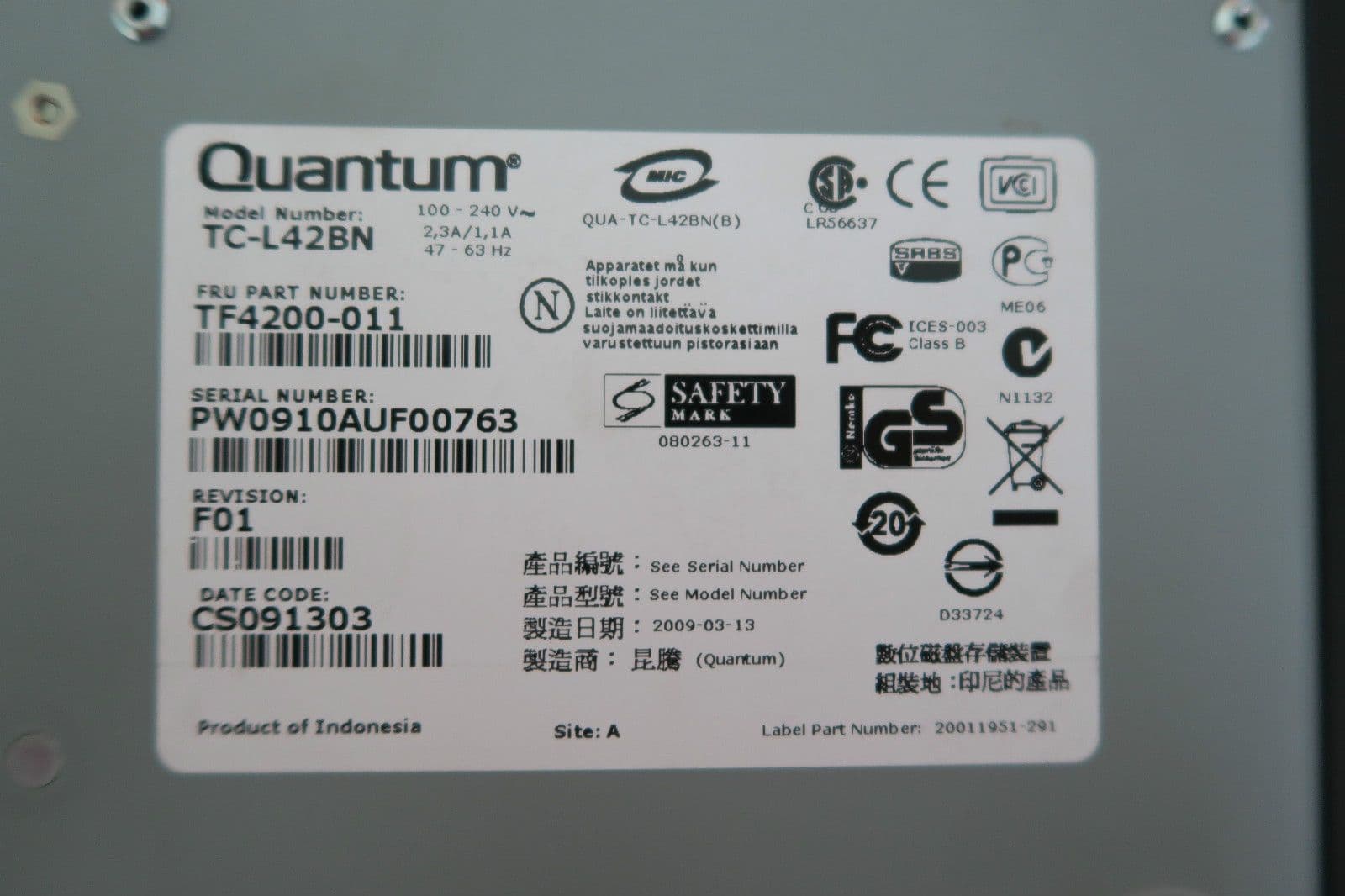 Quantum TCL42BN External LTO4 Backup Tape Drive Ultrium 4 SAS 1 6TB