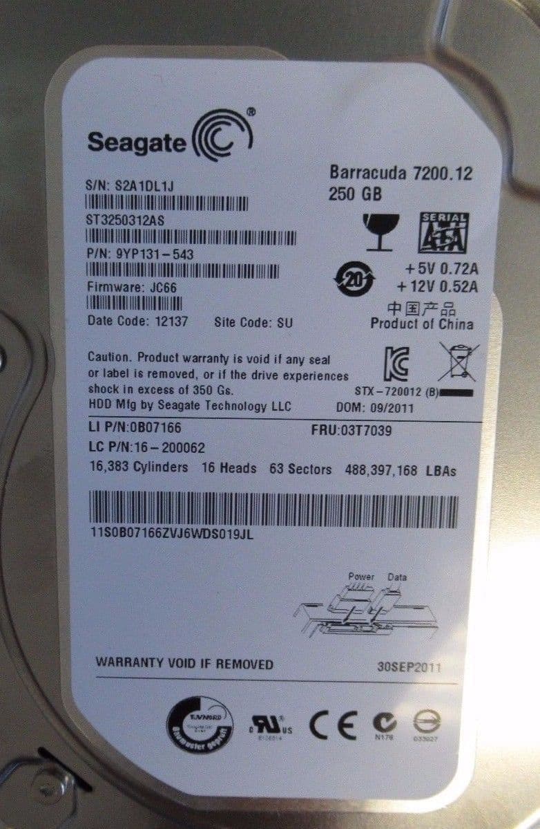 Disque Dur Interne Seagate Barracuda 250Go SATA III 7200RPM ST3250312AS