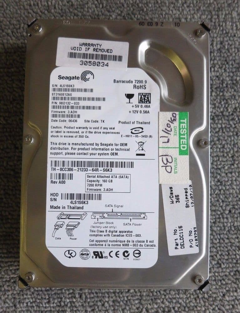 Seagate ST3160812AS BarraCuda 7200 9 160GB 7200 RPM 8MB Cache SATA 3 5" HDD