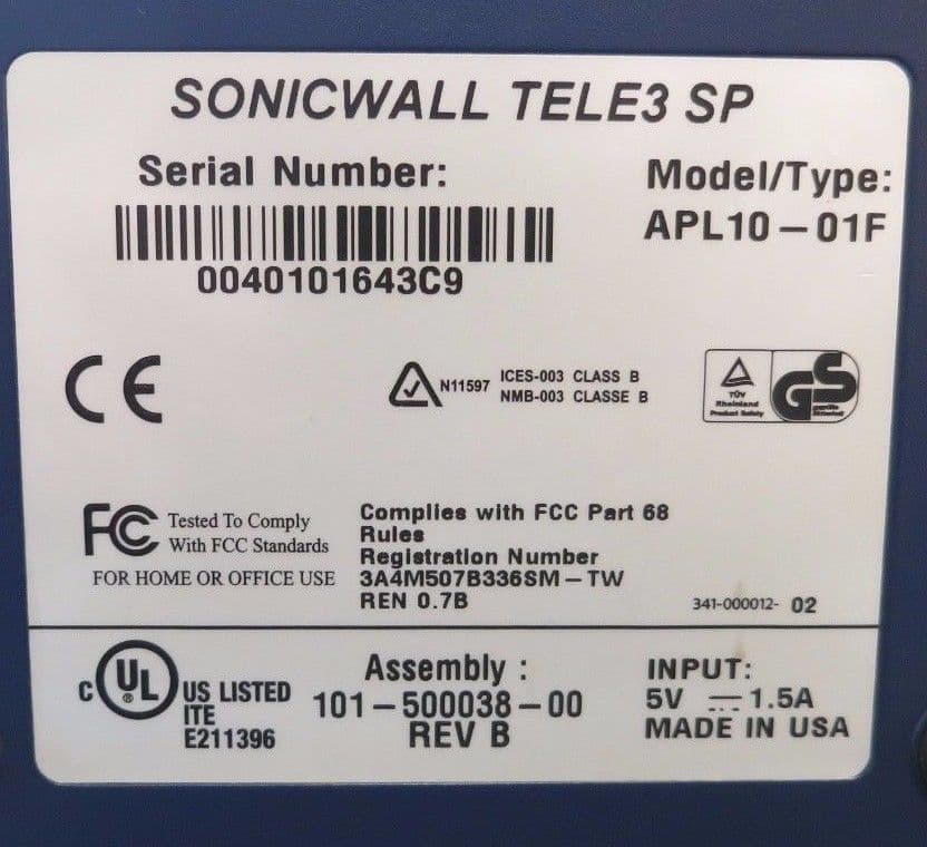 Sonicwall APL1001F Tele3 SP Network Hardware VPN Firewall Without AC