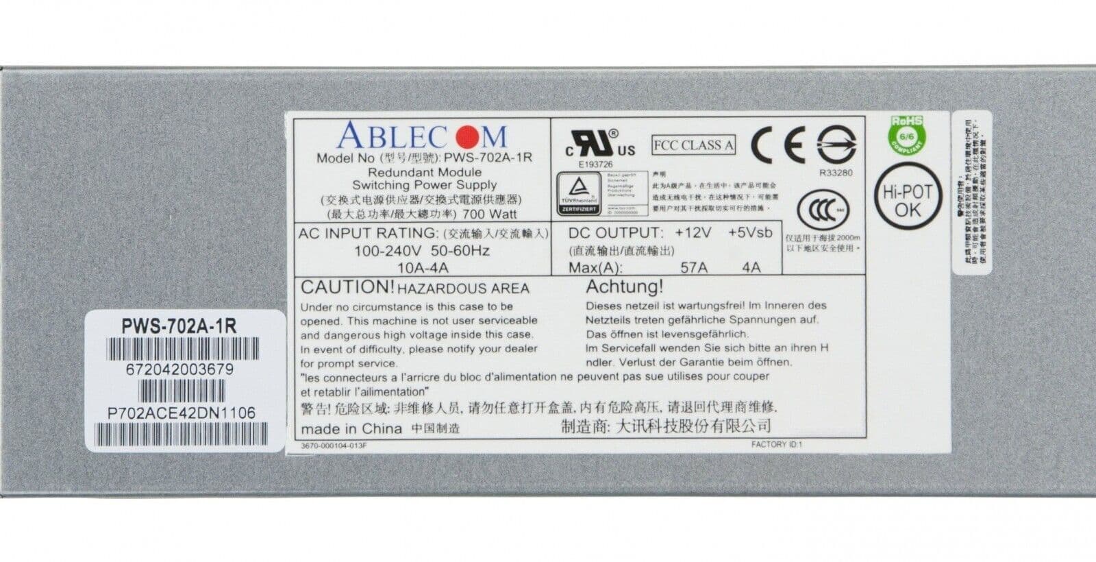 Supermicro 700W 1U Redundant Power Supply PSU PWS702A1R