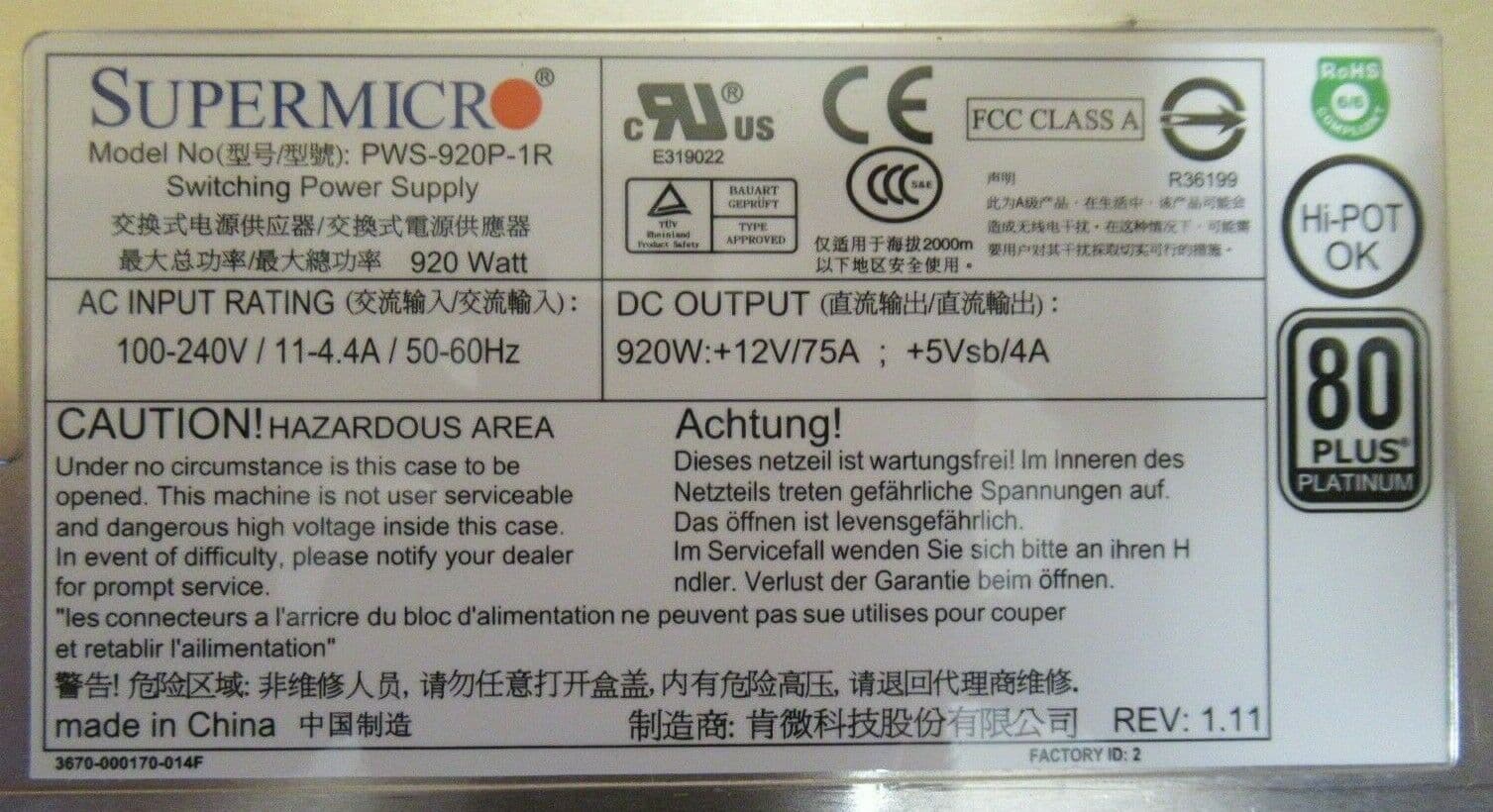 Alimentatore Switching Dell PWS-920P-SQ 920W 80Plus Platinum Per Supermicro - Nuovo - Foto 2