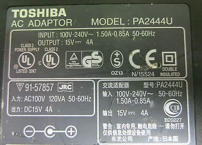 15V 4A 60W AC Adapter Charger For Toshiba Laptops – PA2450U PA2444U – With Power Cord