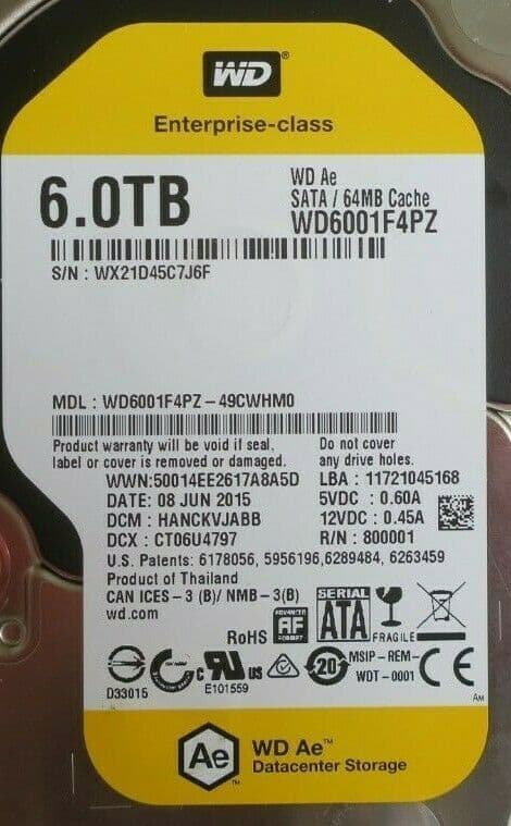 WD 6TB RE 3.5" Enterprise Hard Drive SATA III 7200 RPM 128MB Cache - WD6001FSYZ (Bulk/OEM)
