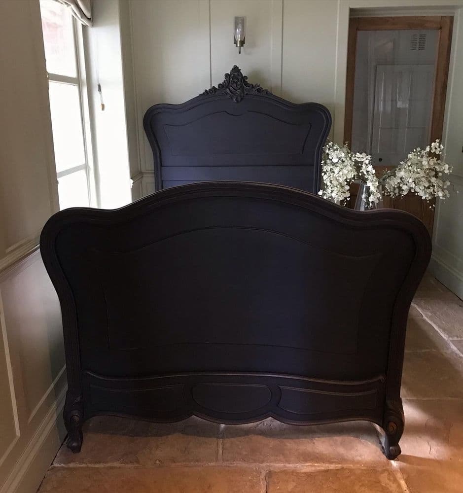 Antique French Louis Black Painted Small Double Large Single Bed