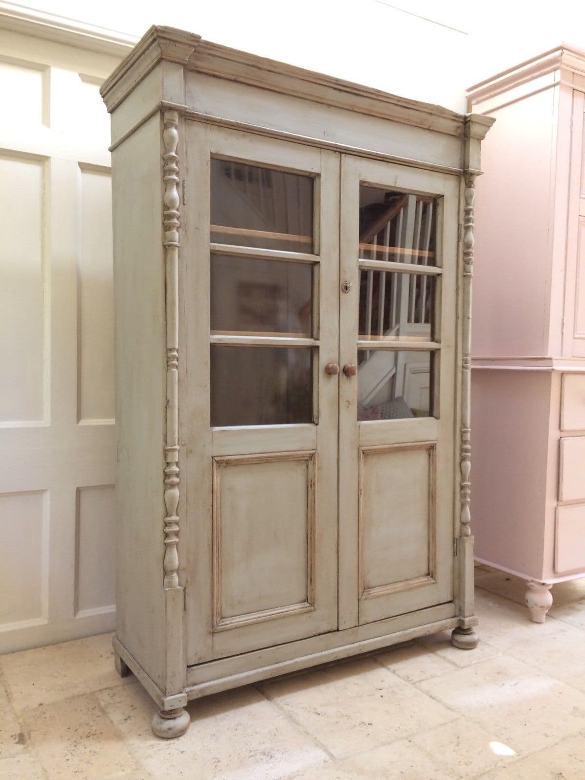 Antique Glazed Grey Painted Display Bookcase Armoire Larder