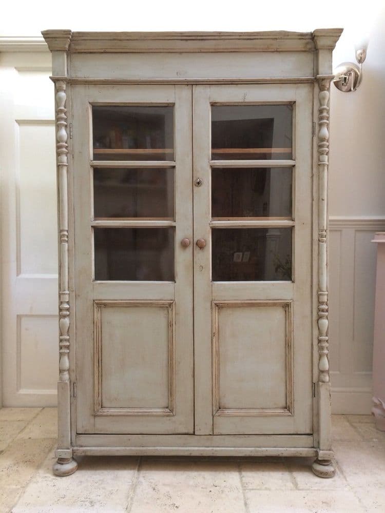 Antique Glazed Grey Painted Display Bookcase Armoire Larder