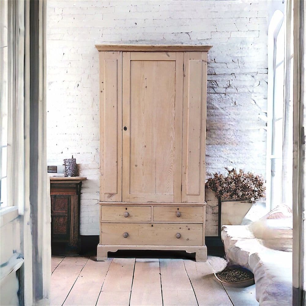 Antique Victorian Pine Hall Cupboard Combination Wardrobe With Drawers